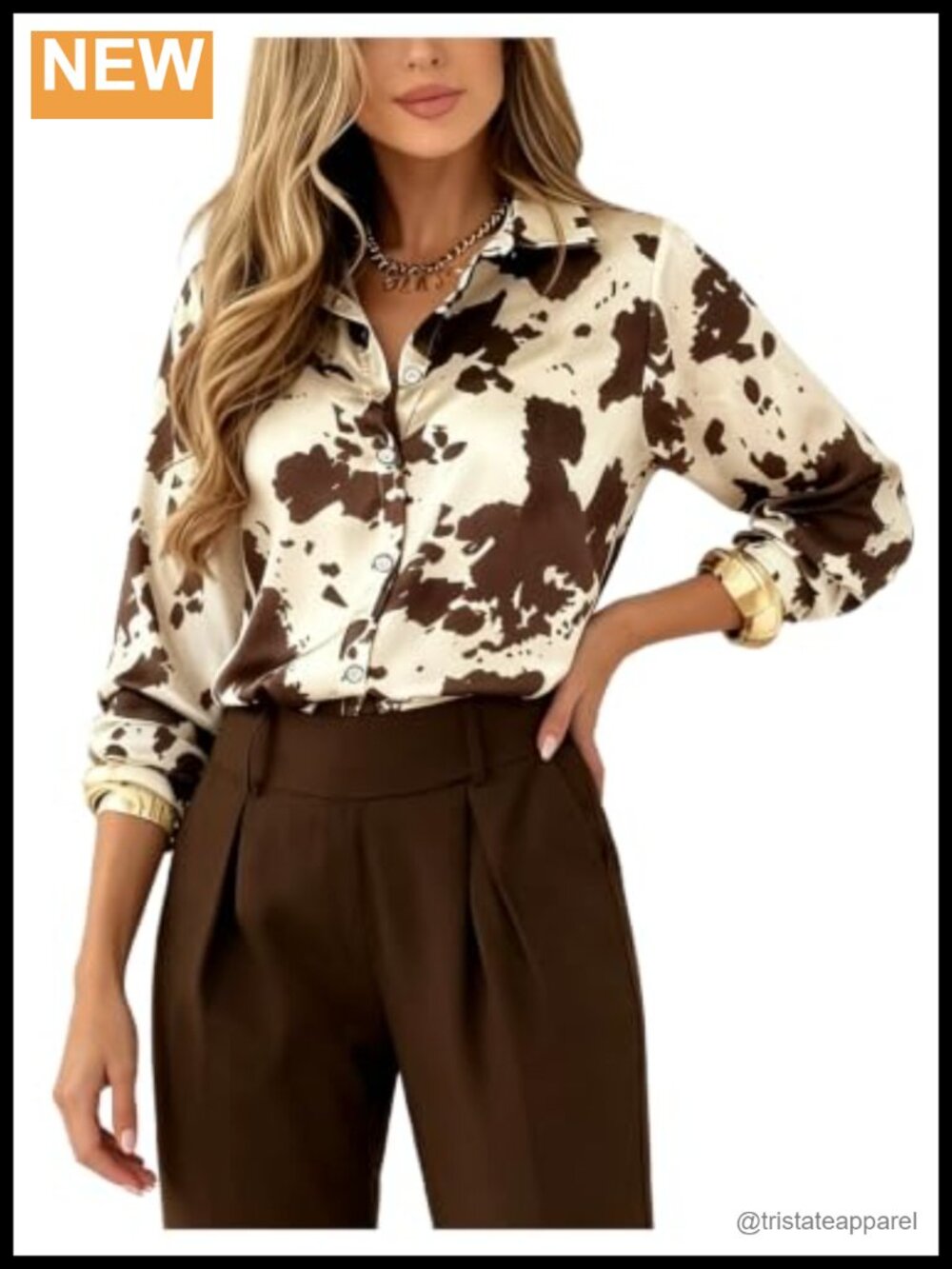 Cow Print Satin Button Down Shirt Long Sleeve Collared Business Blouse